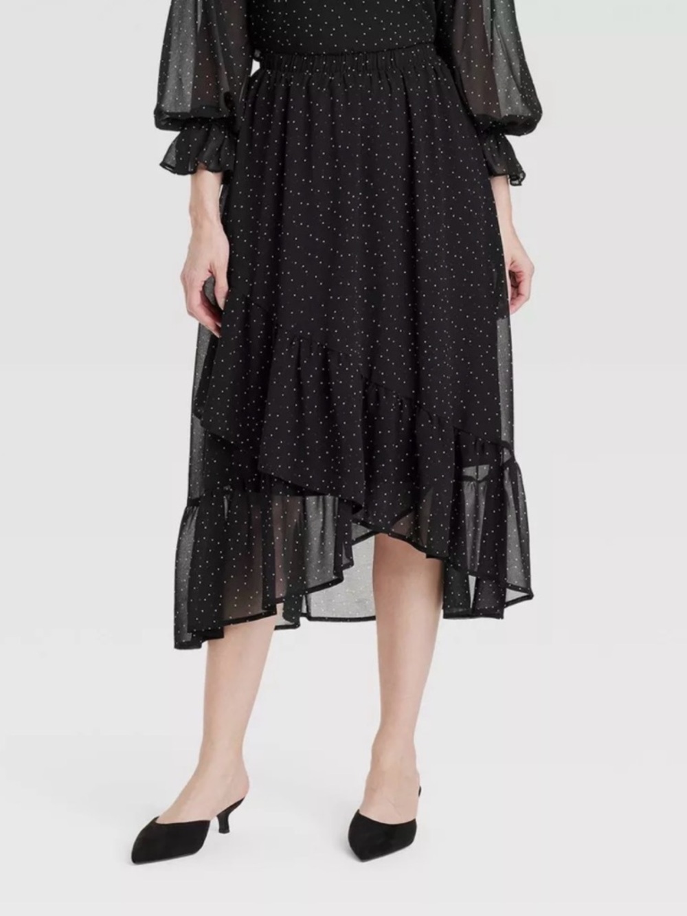 A New Black Black Midi Skirt with White Polka Dots and Ruffle Hem size large